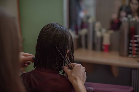 Stylist hairdresser makes a hairstyle for a cute little girl in a beauty salon.Hairdressing, hair...