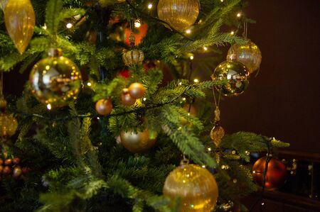 New Year's interior. Christmas tree. Christmas.toys under the Christmas tree. decorations. Luxury....
