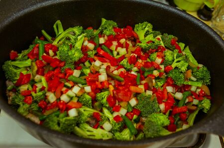 Fried piece of turkey meat with onions and spices. Pieces of turkey carrot onion. The process of cooking vegetable stew with turkey. Steamed vegetables with turkey broccoli onion carrot pepper tomatoの写真素材