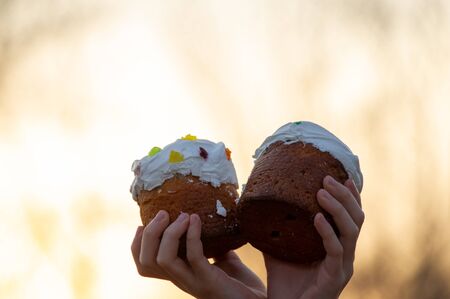 A happy little girl looking at an eastern cake. Easter concept. Traditional homemade easter and...