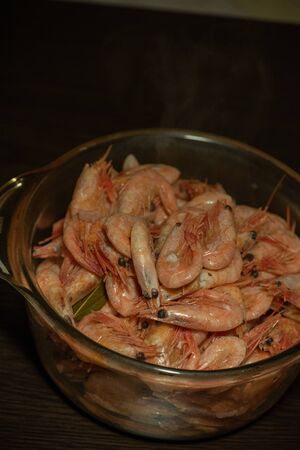 shrimp boil. Boiled shrimps. spicy shrimps. Cooked Shrimp. a lot of boiled peeled shrimp. Concept of healthy diet. Healthy food, protein dietの写真素材