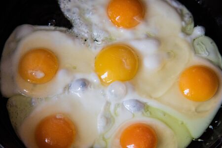 In the course of making breakfast with fresh eggs. Fried egg. Macro photography of food