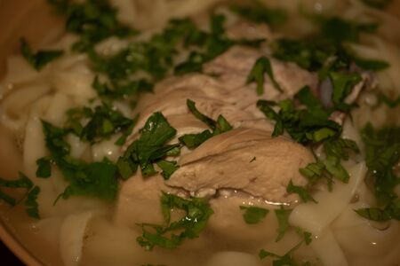 Chicken Noodle Soup. Chicken and noodle soup on an orange tablecloth in an orange plate. Food...