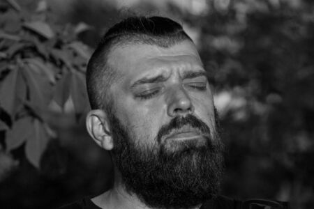 Man with a beard at sunset. Large facial portrait of a bearded man of 40 years. Portrait full face. Man in a black T-shirtの写真素材