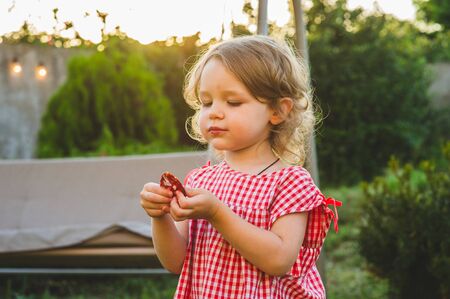 Girl Eating Sausage At Family Barbeque. 2 years old girl eats sausage. Little girl on nature mouth a piece of sausage. A child on a walk. Portet baby girl 2 years old.の写真素材
