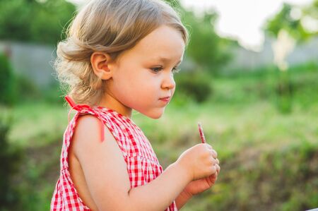 Girl Eating Sausage At Family Barbeque. 2 years old girl eats sausage. Little girl on nature mouth a piece of sausage. A child on a walk. Portet baby girl 2 years old.の写真素材