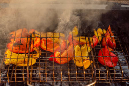Bulgarian pepper is fried over a fire. Healthy diet. The vegetables are grilled. Picnic. Vegetarianism and veganism as a way of lifeの写真素材