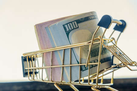 Supermarket grocery push cart for shopping with bundle of dollars money banknote cash. Dollars in...