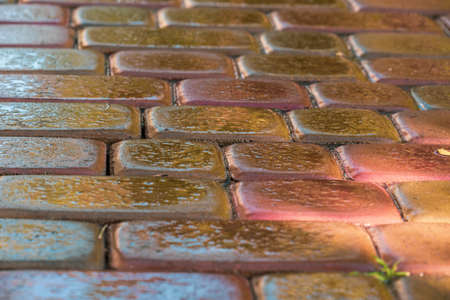 pink paving slab after rain for background. Wet red paving slabs after rain. The texture of the paved tile on the bottom of the street. Cement brick squared stone floor background. Concrete pavingの写真素材