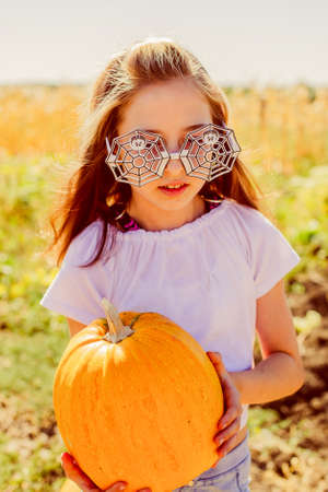 Teenager girl and pumpkin in the vegetable garden. A girl with a pumpkin in her hands wearing glasses for Halloween. Halloween, autumnal feast, autumn. Harvesting in autumnの写真素材