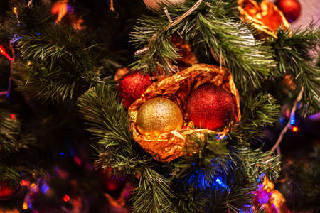 Merry Christmas and Happy New Year. Christmas toys on the tree. Christmasの写真素材