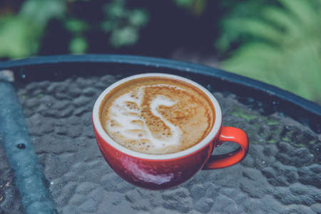red coffee cup. Red Coffee cup in the garden. Coffee latte art in a red cup. Red cup of latte art. Morning coffee.の写真素材