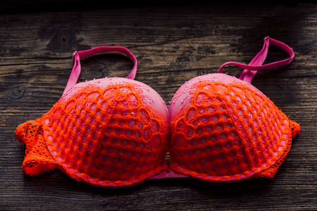 Stylish bra isolated on wooden background. Pink bra. Beautiful underwear. Clothes for women