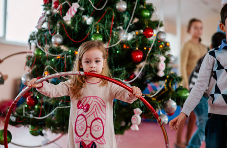 Merry Christmas and Happy New Year. little girl. Little girl on new year. Children's Christmas Partyの写真素材