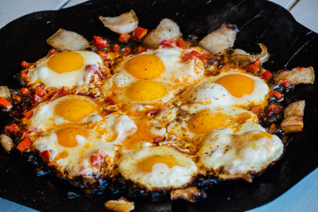 Fried egg on frying pan. Fried eggs in a frying pan. Breakfast, food photographyの写真素材