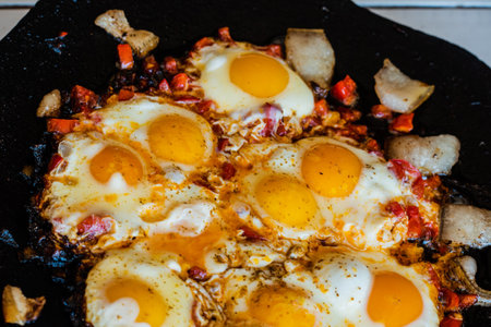 Fried egg on frying pan. Fried eggs in a frying pan. Breakfast, food photography