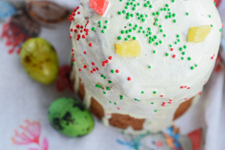 Easter cakes, eggs. Easter baked goods and eggs. Spring holiday. Colored quail eggs. Happy easter