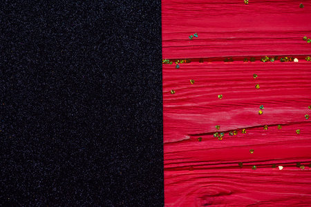 black glitter.Red Painted Wood. painted old wooden wall. black Wood red plank backgroundの写真素材