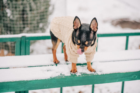 Portrait of a tiny chihuahua dog wearing a beige sweaterの写真素材