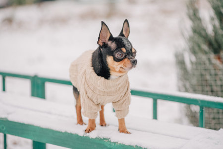 Portrait of a tiny chihuahua dog wearing a beige sweaterの写真素材