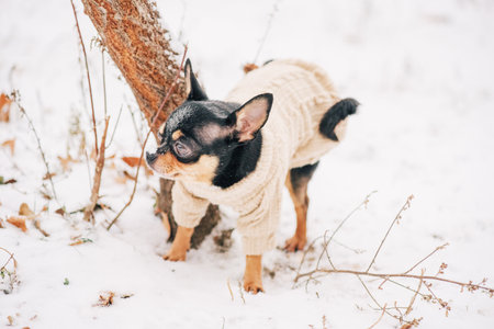 Portrait of a tiny chihuahua dog wearing a beige sweaterの写真素材