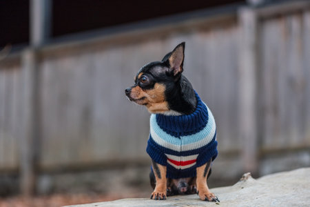 adorable chihuahua dog outdoors in a sweater. Chihuahua in a sweater. Dog in clothes for a walkの写真素材