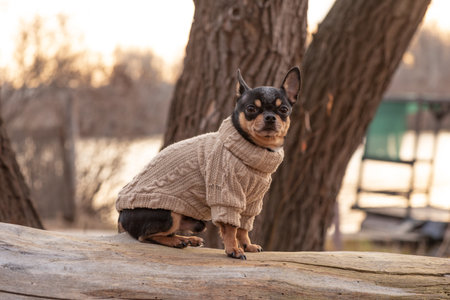 adorable chihuahua dog outdoors in a sweater. Chihuahua in a sweater. Dog in clothes for a walkの写真素材