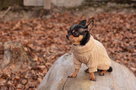adorable chihuahua dog outdoors in a sweater. Chihuahua in a sweater. Dog in clothes for a walkの写真素材