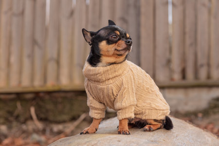 adorable chihuahua dog outdoors in a sweater. Chihuahua in a sweater. Dog in clothes for a walkの写真素材