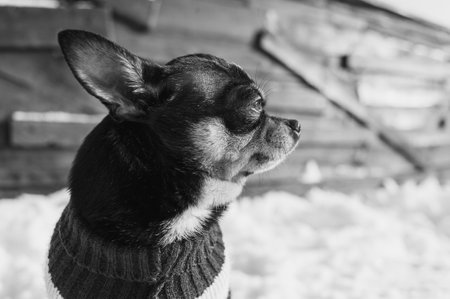 Chihuahua walking in the snow. Chihuahua in winter clothes on a background of snow. Chihuahua.の写真素材