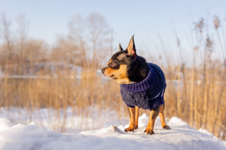 Chihuahua walking in the snow. Chihuahua in winter clothes on a background of snow. Chihuahua.の写真素材