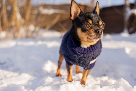 Chihuahua walking in the snow. Chihuahua in winter clothes on a background of snow. Chihuahua.の写真素材
