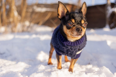 Chihuahua walking in the snow. Chihuahua in winter clothes on a background of snow. Chihuahua.の写真素材