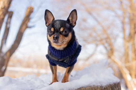 Chihuahua walking in the snow. Chihuahua in winter clothes on a background of snow. Chihuahua.の写真素材