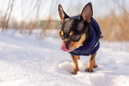 Chihuahua walking in the snow. Chihuahua in winter clothes on a background of snow. Chihuahua.の写真素材