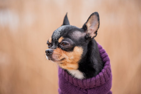 Pet dog Chihuahua walks on the street. Chihuahua dog for a walk. Dog in the autumn walks in the parkの写真素材