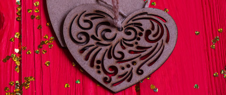 Red Painted Wood and plywood heart. painted old wooden wall. red background, red plank backgroundの写真素材