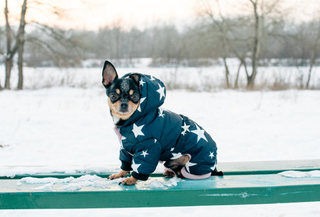 Chihuahua. Dog on a walk in the winter. A lot of snow and a dog. Black brown white dogの写真素材