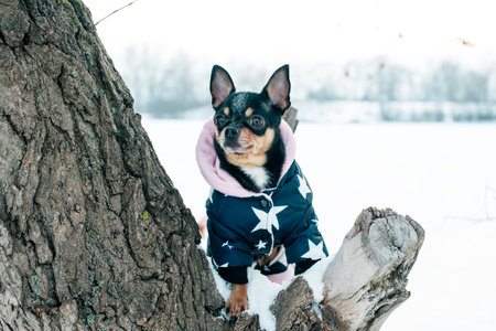 Chihuahua. Dog on a walk in the winter. A lot of snow and a dog. Black brown white dogの写真素材