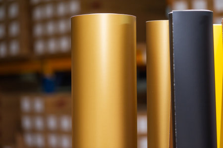 colored vinyl car wrapping or plotter cutting sticker foil film rolls. Film in rolls for advertisingの写真素材