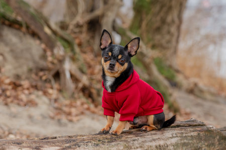 Pet dog Chihuahua walks on the street. Chihuahua dog for a walk. Dog in the autumn walks in the parkの写真素材