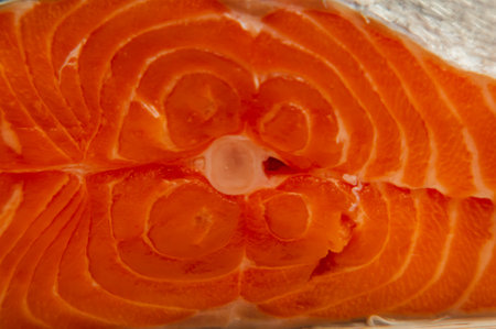 raw salmon on cutting board. Piece of fresh salmon on a white board