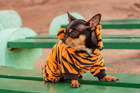 Cute puppy. Mini breed Chihuahua Smooth Shorthair. tiger winter autumn springの写真素材