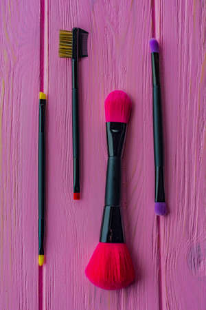 close-up pink professional cosmetic brush. Makeup brushes on a pink background. Instruments for make