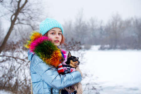Winter portrait of young girl in her warm clothing. Teenage girl in a blue hat. Girl with chihuahuaの写真素材