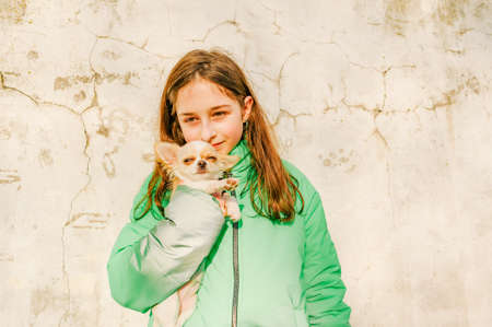 Teenager girl with chihuahua. girl in green jacket with puppy in her arms. Chihuahua dog with girl.の写真素材