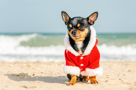 Chihuahua by the sea christmas. Christmas outfit on the dog. Holidays and travel concept. christmasの写真素材