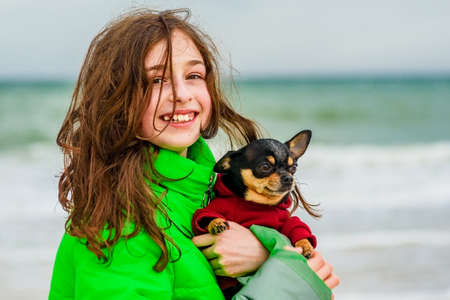 Little girl with chihuahua dog on seashore, outdoor. Girl and chihuahua at the sea. Teenager dog seaの写真素材