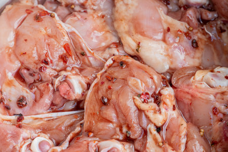 Pieces of raw pork. Pork on a shish kebab in pieces. raw, pork, sliceの写真素材