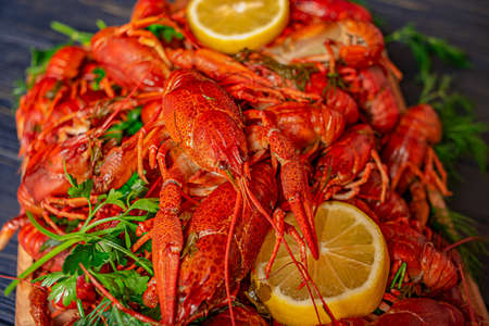 Boiled crayfish on a black background with herbs and lemon juice. Boiled delicious crayfishの写真素材